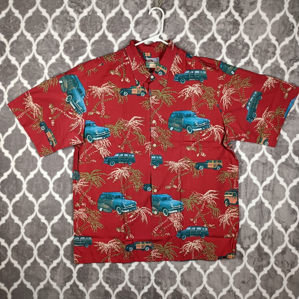 Reyn Spooner Hawaiian Shirt Men XL Red Woody Wagon Surf Rayon VTG